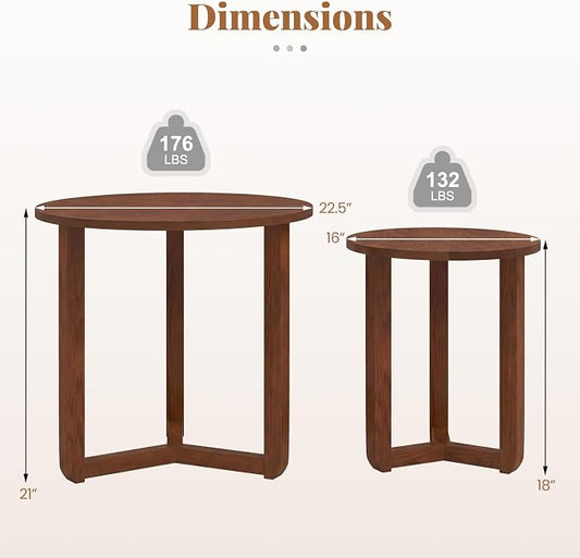 Giantex Round Nesting Coffee Table Set of 2, Wood Nesting End Tables with Thickened Top & Solid Rubber Wood Legs, Farmhouse Sofa Side Table for Small Spaces Living Room Bedroom (Walnut)