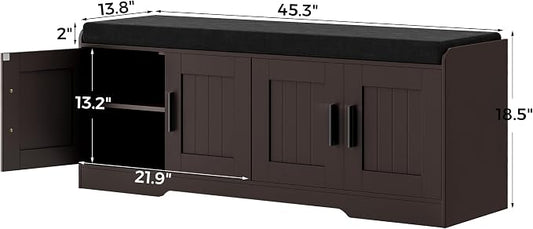 Homleke 2-Tier Storage Bench, Shoe Bench with Thickened Padded Seat Cushion, Entryway Bench with 4 Doors, Adjustable Shelf, 13.8" D x 45.3" W x 18.5" H, for Entryway, Living Room, Bedroom, Brown