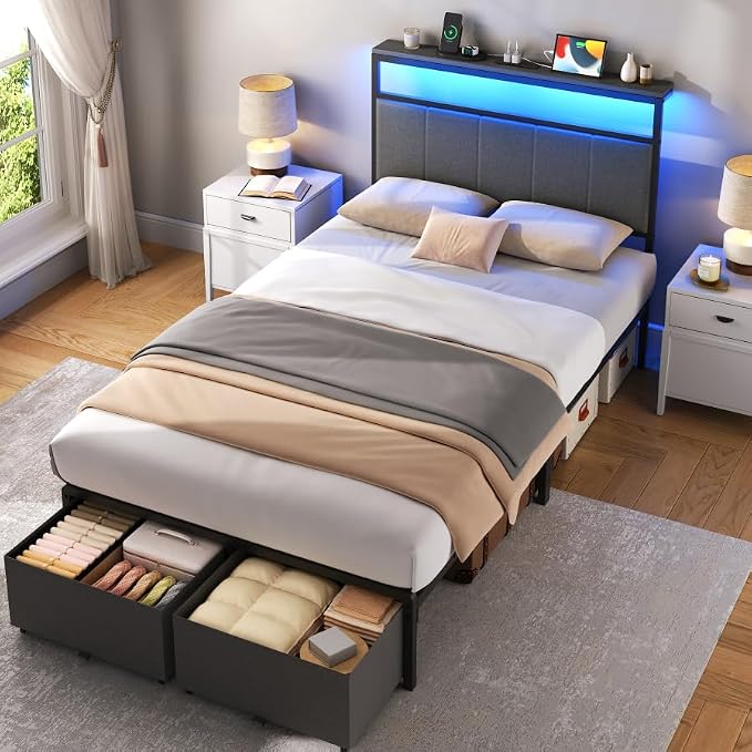 Twin Bed Frame with 2 Storage Drawers, Grey Upholstered | Headboard with Charging Station and LED Lights, Metal Platform Bed with Storage Shelf, Noise Free, No Box Spring Needed