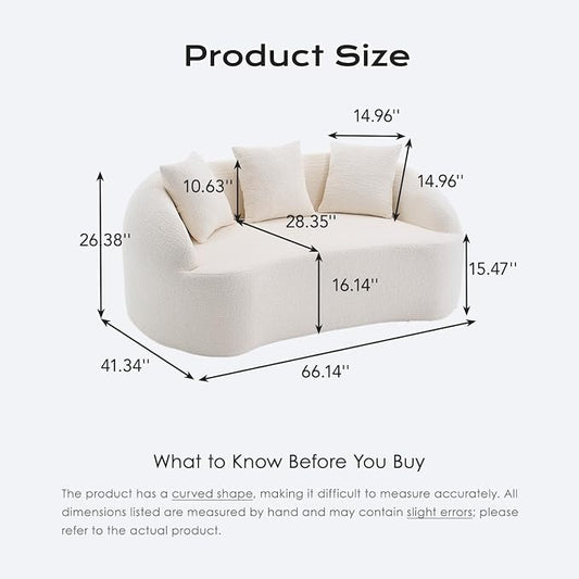 66" Curved Loveseat Sofa for Small Space, Boneless Chenille Boucle Cloud Couch, Luxury Extra High Back & Deep Seat, Oversized Comfort with No Assembly Required for Office, Dorm (Cream White)