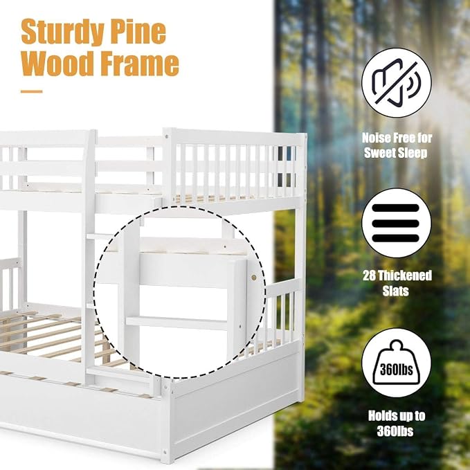 NAFORT Twin Over Twin Bunk Bed with Trundle, Solid Wood Bed Frame with Ladder & Safety Guardrails, Space Saving Bunk Bed for Kids Teens Adults Guest Room, Convertible Design, White