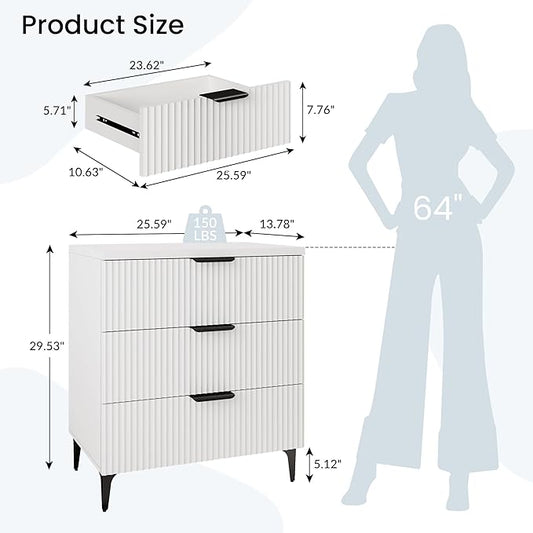 25.6" W Fluted Nightstand with 3 Drawer, Modern Wood Night Stands Bedside Table for Bedroom King/Queen Bed, End Table with Robot-Friendly Legs for Living Room,Entry (3 Drawers-1pcs-White)
