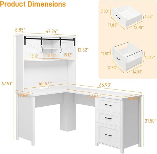 Vabches Farmhouse 68" H L Shaped Desk with Hutch,Office Table with 3 Drawers and Sliding Doors, Executive Desk with File Drawers, Wood Workstation for Home Office and Study.Cream White