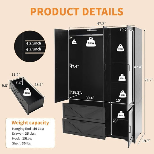 3 Doors Armoire Wardrobe Closet with Mirror Door and LED Lights,Bedroom Armoire with Drawers,Large Capacity Freestanding Armoire with Hanging Rod,Adjustable Shelves and Hooks(Black)