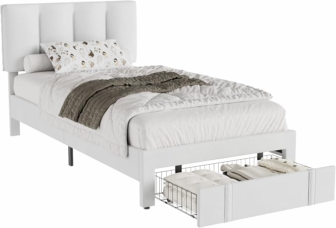 VECELO Twin Bed Frame with Storage Drawer, Heavy-Duty Platform Bedframe with Headboard & Strong Wooden Slats Support, No Boxing Spring Needed, Pure White