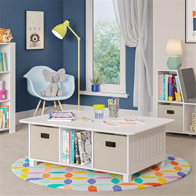 RiverRidge Kids Desk and Activity Table with 6 Storage Cubbies for Folding Bins - Art Craft or Train Table Design for Play Area Toy Organization - White