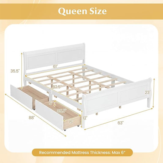 Giantex Queen Bed Frame with 2 Storage Drawers, Wood Platform Bed w/Headboard & Footboard, Wooden Slats Support Mattress Foundation, Sleigh Bedframe for Teens Adults, No Box Spring Needed (White)