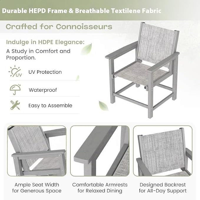 UDPATIO HDPE Patio Dining Chairs Set of 2 with Teslin Fabric Heavy Duty Outdoor Chairs All-Weather Resistant Seating for Poolside, Deck, Garden, Backyard, Light-Grey