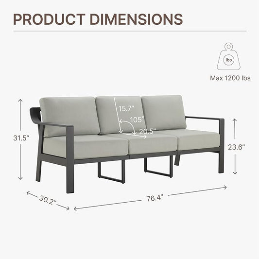 KISLOT Aluminum Outdoor Patio Furniture Loveseat,3 Seater Outside Patio Sofa with Washable Thick Cushion, Patio Sofa Couch for Porch, Balcony, Deck, Yard,Gray Aluminum Frame