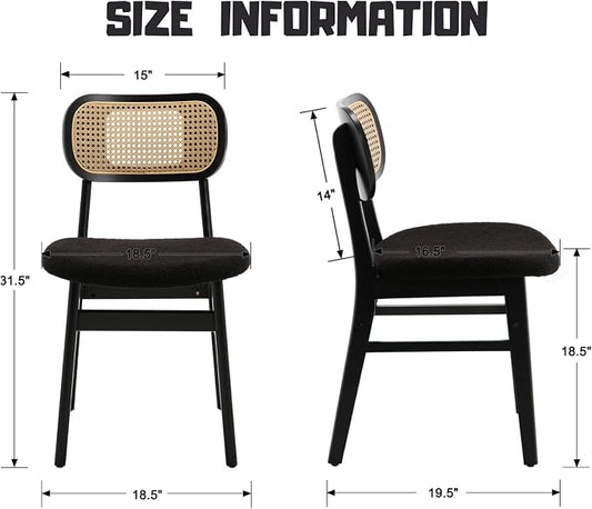 ROCITY Black Rattan Dining Chairs Set of 6 Lambswool Dining Room Chairs Natural Wooden Kitchen Chairs Farmhouse Boho Side Chairs