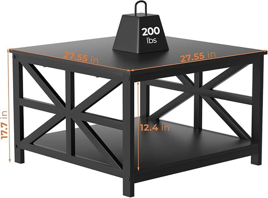 GreenForest Modern Living Room Coffee Table with 2 Tier Storage | X Metal Frame Square Center Table with Seamless One-Piece Tabletop,27.55 inch Sofa Table,Scratch-resistant,Black