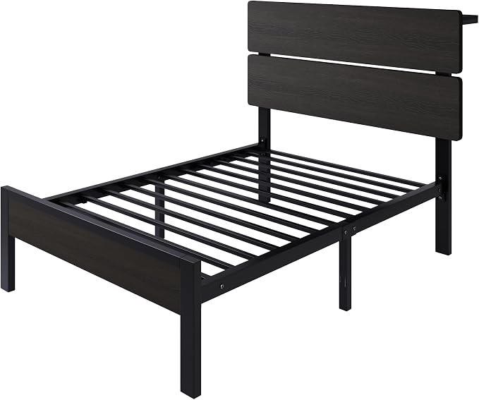 SHA CERLIN Twin Size Bed Frame with Led Light & Built-in Charging Station, Wooden Headboard with Storage Shelf, Metal Platform Bed, Under Bed Storage, No Box Spring Needed, Noise Free, Black