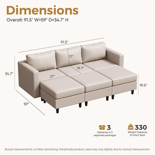 ABCASA 91.5" Faux Leather Luxury Modular Sleeper Sofa Bed with Storage Seat, 6 Seat Sectional Couch Deep Seat with Reversible Chaises & Removable Cover for Living Room - Whitesand