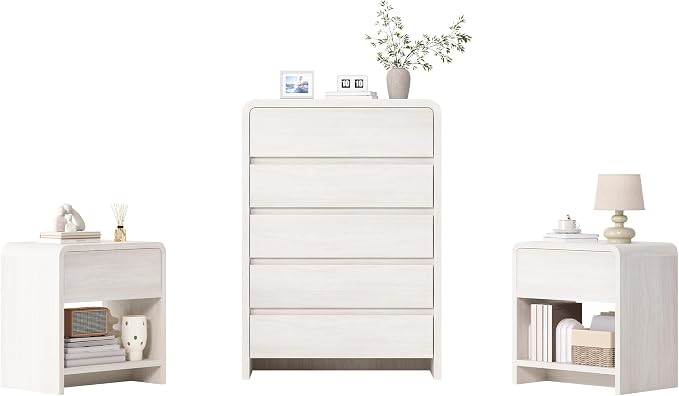 AMERLIFE Modern 3-Piece Bedroom Furniture Set with 5-Drawer Dresser and 2 Nightstands, Large Storage Capacity, Rounded Corners, Flexible Combination Design, Anti-Tip Kit Included, White