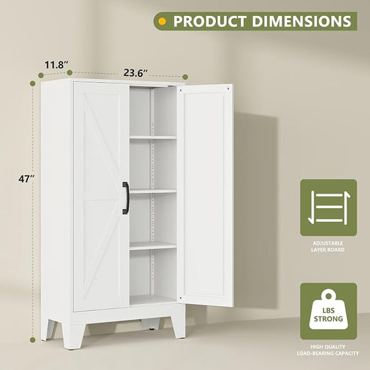 RAVIGIN Farmhouse Storage Cabinet,47" H Metal Pantry Cabinet with Barn Doors and Adjustable Shelves,47" H 4-Tier Rustic Pantry Organizers for Kitchen,Dining Room,White