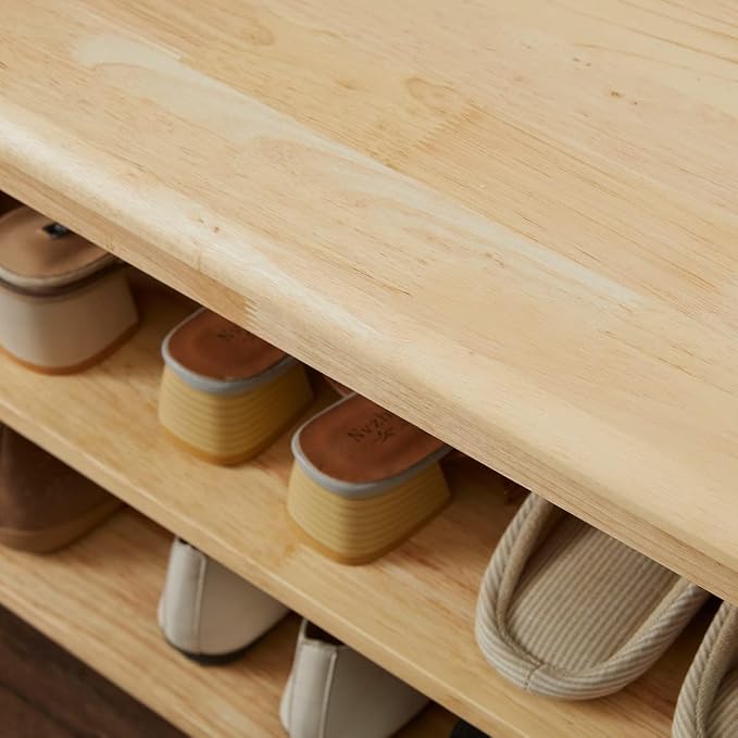 Dewfig Shoe Rack Bench, 3-Tier Shoe Shelf Organizer,10-12 Pairs Entryway Storage Bench for Hallway, Bedroom, Living Room, Bedroom, Hold up to 550 lbs, Solid Wood, Natural