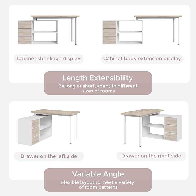 Home Office Computer Desk Corner Desk with 3 Drawers and 2 Shelves, 53-inch L-Shaped Study Desk with Storage, White + Walnut