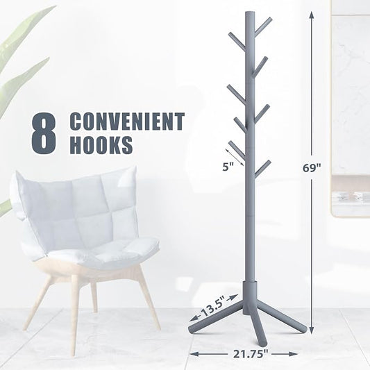 Haddockway Wooden Coat Rack Stand with 8 Hooks New Zealand Pine 3 Adjustable Coat Standing Tree Easy Assembly for Coats, Hats, Scarves and Handbags for Entryway, Hallway, Bedroom, Office