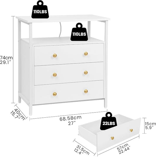 Edbuosy 3 Wooden Drawers Night Stand, 27 Inch Wide Nightstand Set 2 with Charging Station and Adjustable Drawers, Small Dresser for Closet, Bedside Table for Living Room/Bedroom/Office, White