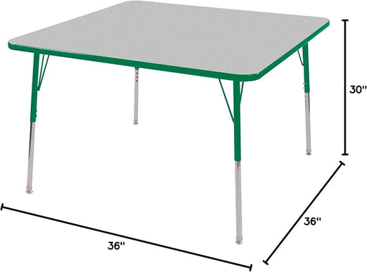 Norwood Commercial Furniture Adjustable Height Classroom Activity Table for Kids & Adults, Square Activity Table for School and Home, Gray Nebula/Green, 36" W x 36" L