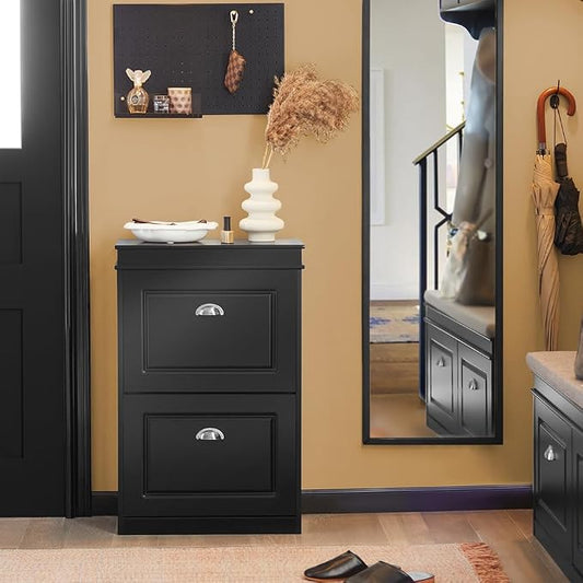 Haotian Small Shoe Cabinet, Black 2 Flip Drawers Freestanding Shoe Rack, Shoe Storage Cupboard Organizer (9.45" D x 20.87" W x 32.28" H), FSR78-SCH