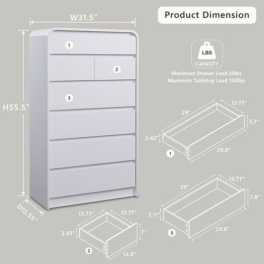 Aitjunz Modern 7 Drawers Dresser for Bedroom, 55" Tall Dressers & Chest of Drawers w/Curved Profile Design, Wood Mid Century Vertical Storage Dressers Organizer for Bedroom, Living Room, White