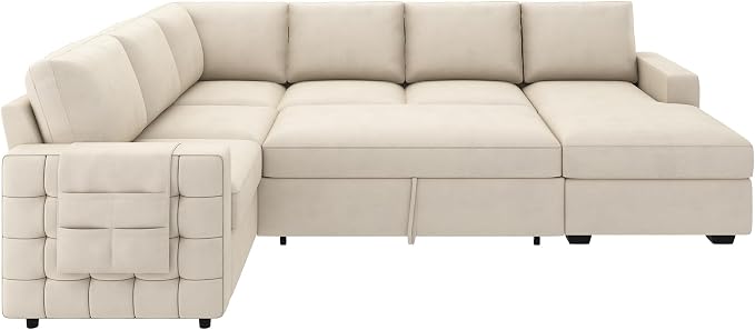 HONBAY Sectional Sleeper Sofa with Pull-Out Bed Storage Chaise, 6 Seaters Couch for Living Room, Beige