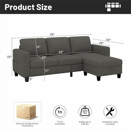 Youmumeub 78" Sectional Sofa Couches for Living Room, 3 Seat L Shaped Convertible Couch with Storage Ottoman, Comfortable Pet-Friendly Velvet Fabric Sofa Set for Small Space, Apartment, Office, Blue