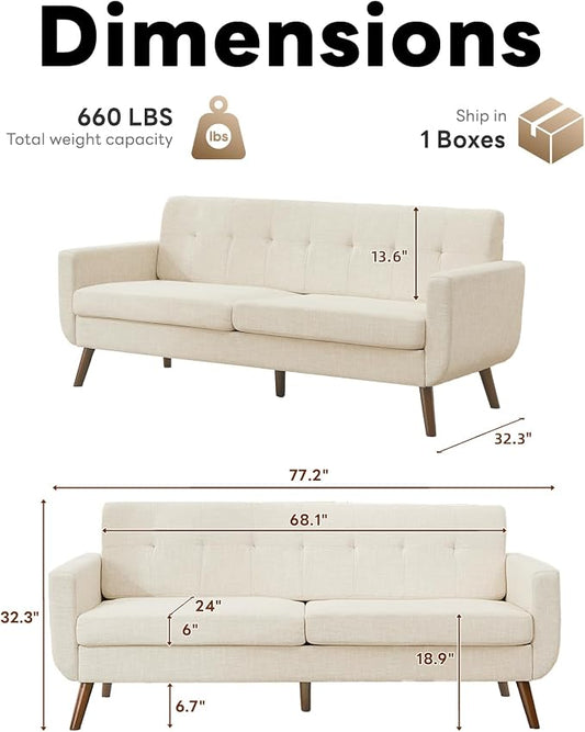 Tbfit 77.2" W Linen Sofa Couch, Mid Century Modern Decor Loveseat Couches for Living Room, Button Tufted Upholstered Small Couch for Bedroom, Solid, and Easy to Install Love Seats Furniture, Beige