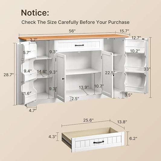 Gizoon 56" Kitchen Coffee Bar Cabinet with Storage Kitchen Sideboard Buffet Cabinet with Drawers, Short Pantry with Door and Shelves for Bathroom and Living Room, Painted White and Rustic