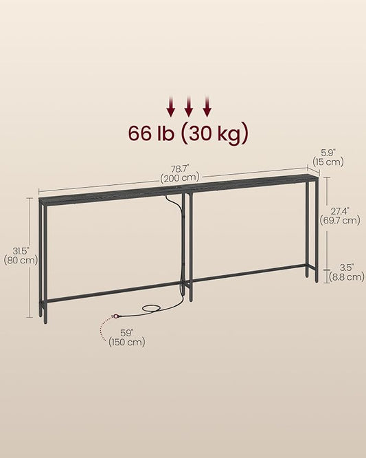 VASAGLE Narrow Console Table with Power Outlet, Behind Couch Sofa Tables, Easy Assembly, for Entryway, Living Room, 5.9 x 78.7 x 31.5 inches, Charcoal Gray and Ink Black, BARNET Collection ULNT077B201