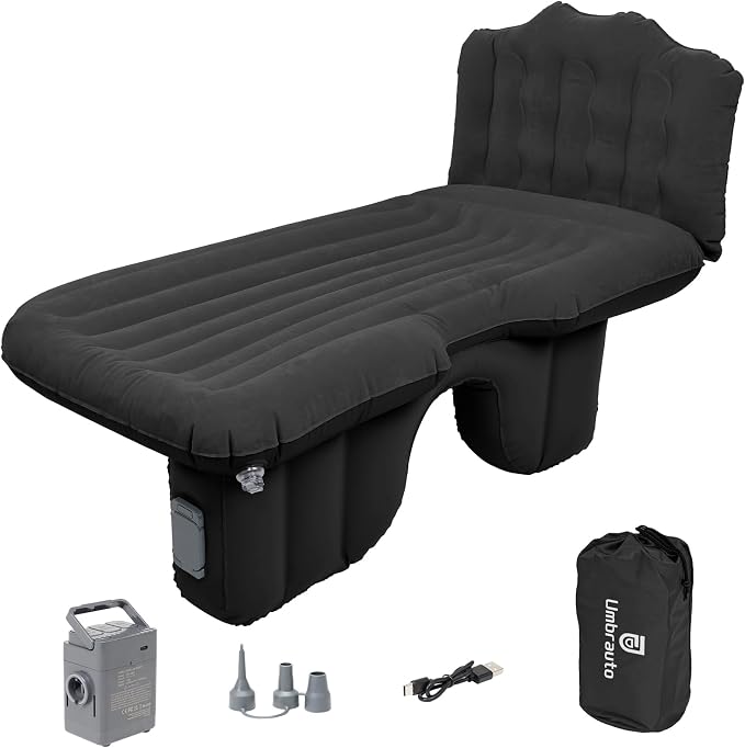 Umbrauto Back Seat Car Air Mattress: Cordless Inflatable SUV Car Camping Bed for Truck Van with Built-in Air Pump, Thickened Double-Sided Flocking Travel Car Sleeping Pad