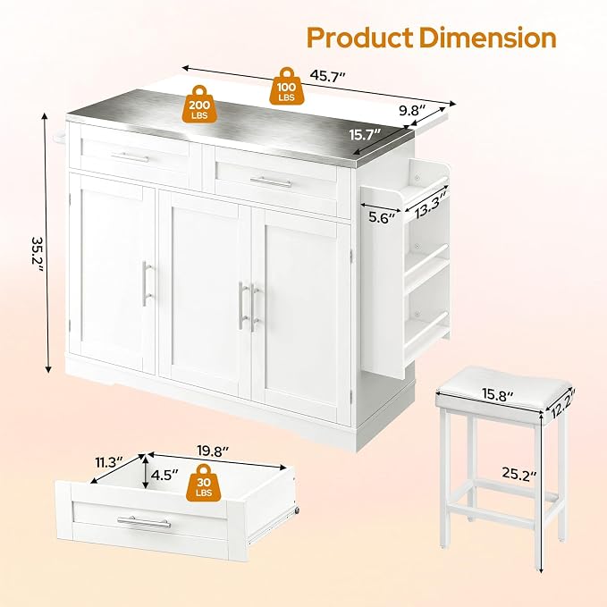 Concho 56'' Kitchen Island with Seating and Stainless Steel Countertop, Rolling Kitchen Carts on Wheels with Folding Drop Leaf, Bar Stool, Power Outlet, Spice/Towel Rack, White
