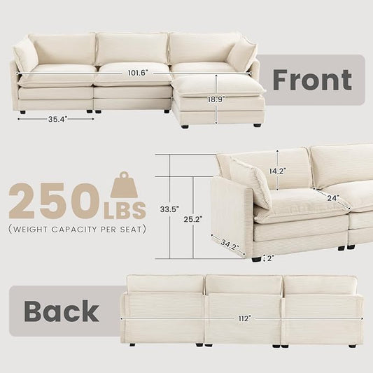 ROWHY Oversized Modular Sectional Sofa with Movable Ottoman, 112 Inch 4 Seat Modern Corduroy Sofa Set, Convertible L Shaped Couch for Living Room and Office, Beige