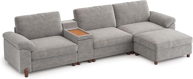 SITJOY Large Cloud Couch, 132" Wide 3 Seater Couch with Console, Light Gray | Detachable and Washable Chenille Cover Sectional Sofas for Living Room, Deep Seat Wide Couch with Chaise, Storage Ottoman