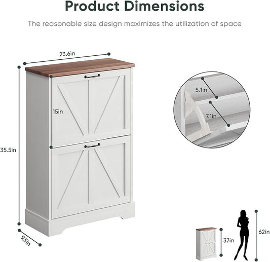 Smart FENDEE Shoe Cabinet, Shoe Storage Cabinet for Entryway with 2 Flip Drawers, Narrow Farmhouse Shoe Organizer Cabinet, Slim Shoe Rack Cabinet, White