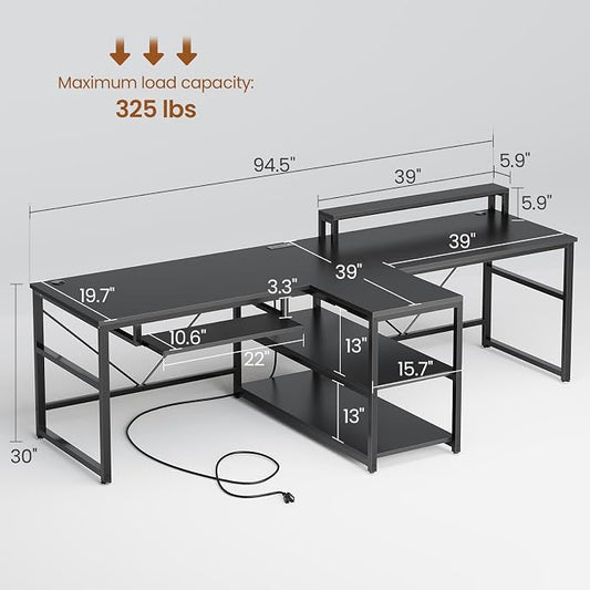 SEDETA 94.5" Office Computer Desk, 2 Person Gaming Desk with Storage, LED Lights, Keyboard Tray, Power Strip with USB & Monitor Stand, Long Two Person Desk for Home Office, Black