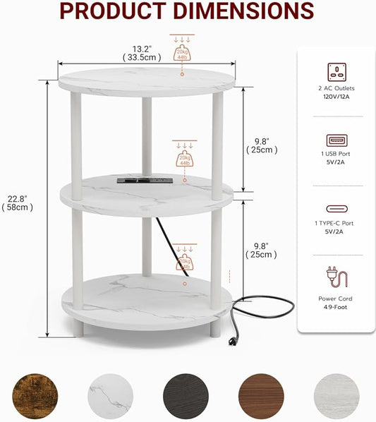 XBurmo Small Round End Table - 3 Tier Design Accent Table, Narrow Side or Bedside Stand, Industrial Vintage Table for Small Spaces, Built-in USB Ports and Power Outlet, Marble White