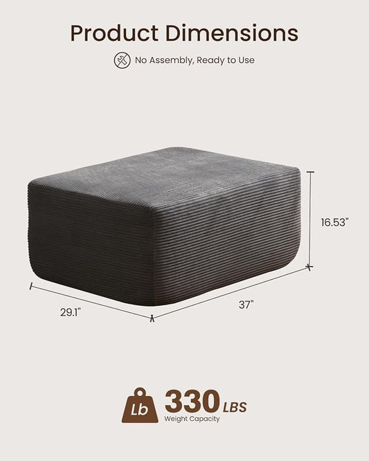 37" Plush Boneless Ottoman, Upholstered Cloud Footrest for Boneless Couch in a Box,Oversize Poufs for Living Room & Bedroom Sofa Ottoman,Comfy Seating with Dense Foam, Grey (Corduroy Fabric)