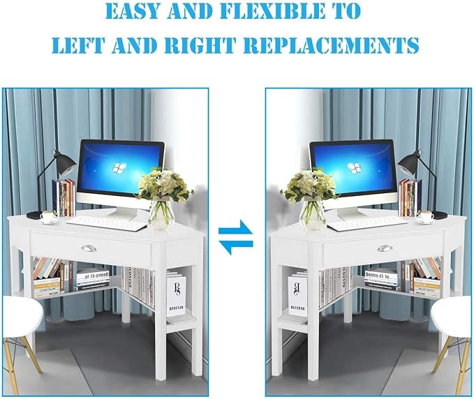 LDAILY White Corner Desk, Triangle Corner Computer Desk for Small Space, Compact Writing Desk with Storage Shelves & Drawer, Space Saving Small Makeup Vanity Desk for Bedroom, Home Office