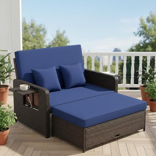 Tangkula Patio Rattan Daybed with 4-Level Adjustable Backrest, Outdoor PE Wicker Loveseat with Storage Ottoman & Folding Side Tray, Double Sunbed Lounger for Balcony, Backyard & Poolside, Navy & Brown