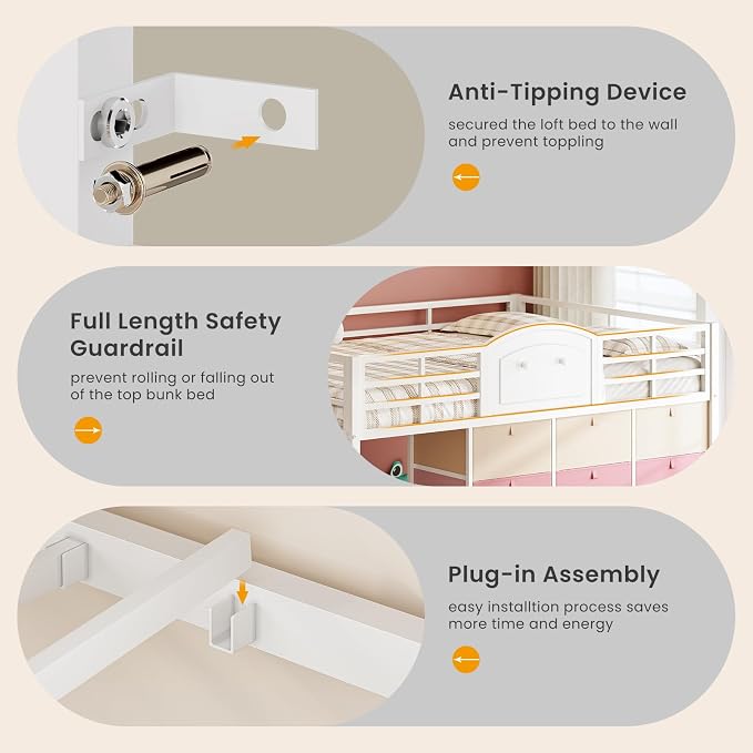 VIAGDO Low Loft Bed Full Size with 9 Storage Drawers and LED Lights, Metal Full Size Loft Bed with Stairway Shelf Storage, Low Loft Bed with Safety Guardrail and Under-Bed Hideaway for Kids, White