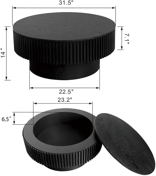 Round Coffee Table with Storage, Modern Wooden Coffee Table with Solid Wood Veneered, Circle Center Table Accent Tea Table for Living Room Apartment Small Space (31.5''L × 31.5''W × 14''H, Black)