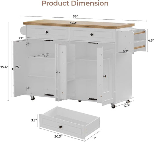 58 Inch Kitchen Island with Storage Cabinet, Island Table for Kitchen, Rolling Islands Cart with Power Outlet, Adjustable Shelves, Drawers, Spice and Towel & Knife Racks, White