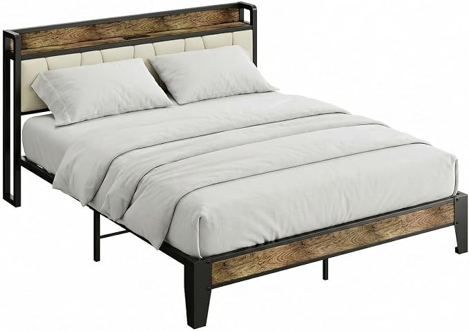 LIKIMIO Full Size Bed Frame with Storage Headboard & Charging Station | Upholstered Headboard, Storage Shelf, Solid and Stable, Noise Free, No Box Spring Needed, Easy Assembly (Walnut and Beige)