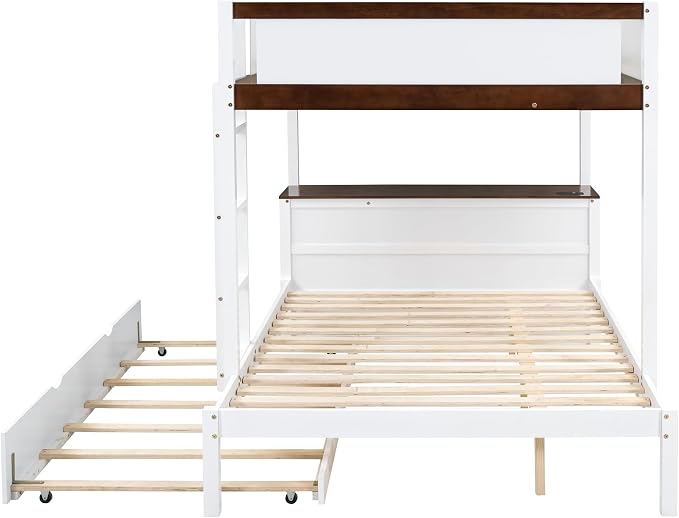 Harper & Bright Designs Full Over Full Bunk Bed Twin Size Trundle, Wood Full Bunk Bed with USB Ports, Storage and Desk, White+Walnut