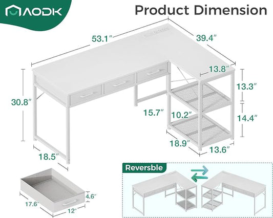 AODK 53 Inch L Shaped Computer Desk with Drawers, Corner Desk with Power Outlets & Reversible Storage Shelves, for Home Office Gaming, White