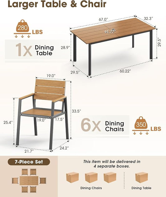Outdoor Dining Set, Aluminum Patio HDPS Outdooor Table and Chairs Set with Umbrella Hole, All Weather Patio Furniture Set, Patio Dining Table Set ,Gray & Teak ,7 Pieces