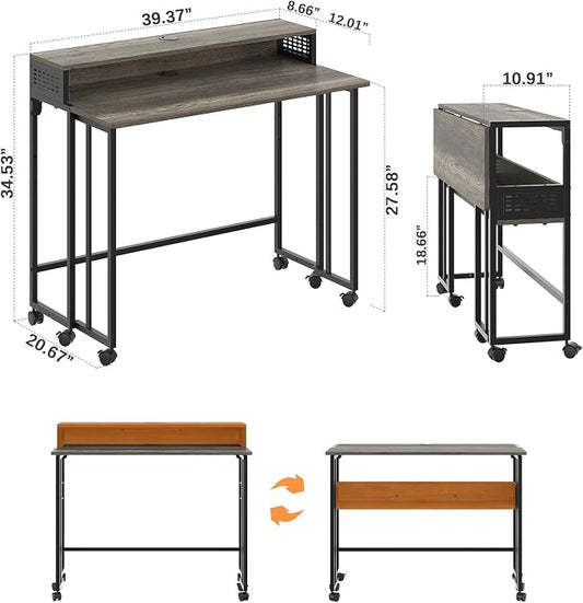 Gezen Folding Desk with Storage Shelf, Small Rolling Desk with Wheels, Mobile Sofa Side Table Bed Desk for Home Office Small Space, Dark Grey, 39.4"