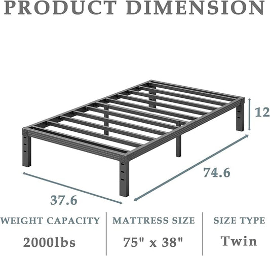 FSCHOS Twin Metal Platform Bed Frame - 12 Inch, No Box Spring Needed, Heavy Duty, Easy Assembly, Noise Free, Black